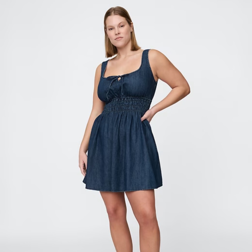 Denim Tie-Front Smocked Waist Mini Dress